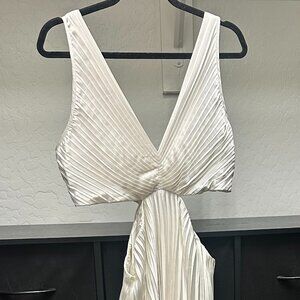 Satin Pleated V-Neck Sleeveless Cutout Maxi Dress